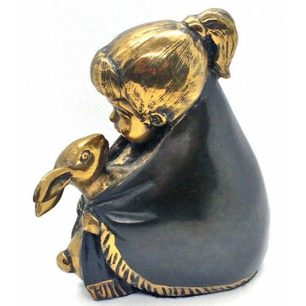 Lovely Vintage Original Suzanne Sablé Girl And Her Rabbit Bronze Sculpture